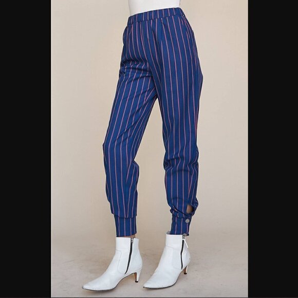 LPA Navy & Coral Striped High Rise Skinny Cuff Snap Pant XXS - Picture 4 of 13